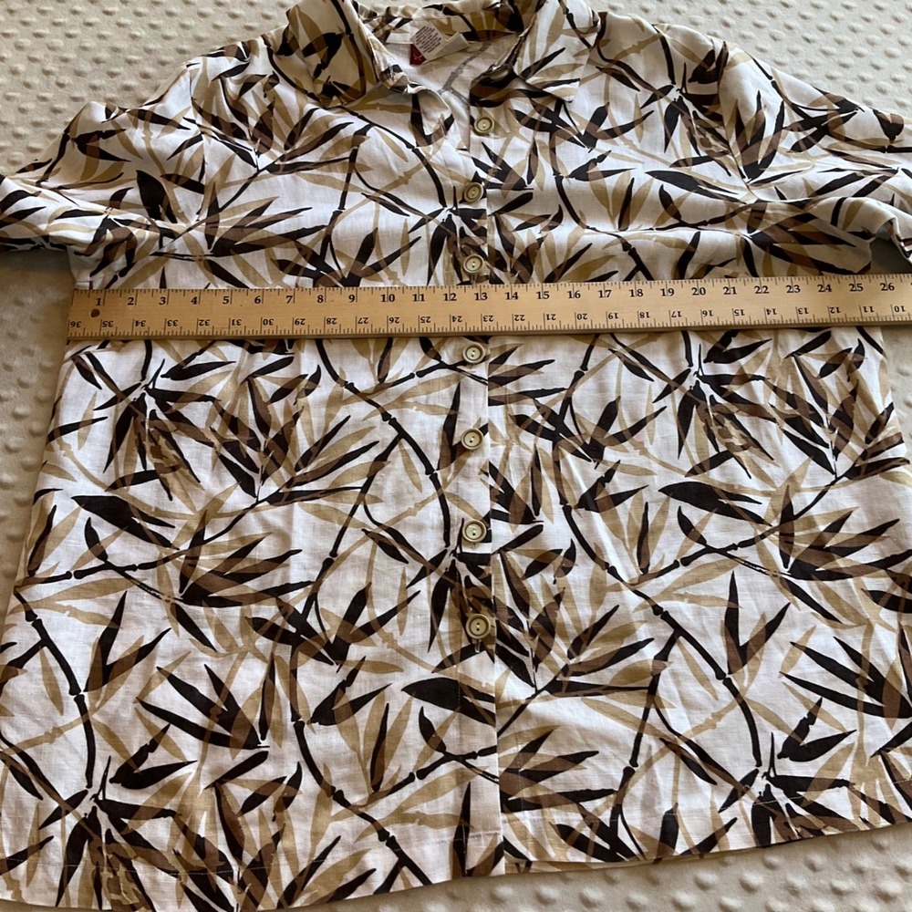 JM Collection Button Down Shirt Women 18W White Brown Linen Bamboo Leaf Print - Picture 4 of 6